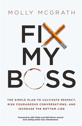 Book cover for "Fix My Boss" by Molly McGrath, with crossed pencils forming the 'X' and a coffee ring stain in the word "BOSS."