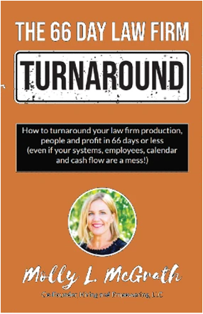 Book cover for "The 66 Day Law Firm Turnaround" by Molly L. McGrath, with a street-sign style design and a photo of the author.