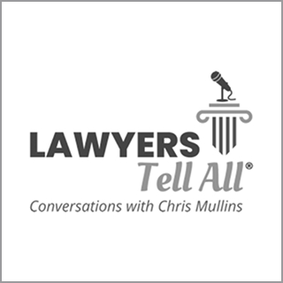 "Lawyers Tell All Conversations with Chris Mullins" logo — a microphone rests atop a classical column beside the title in grayscale.