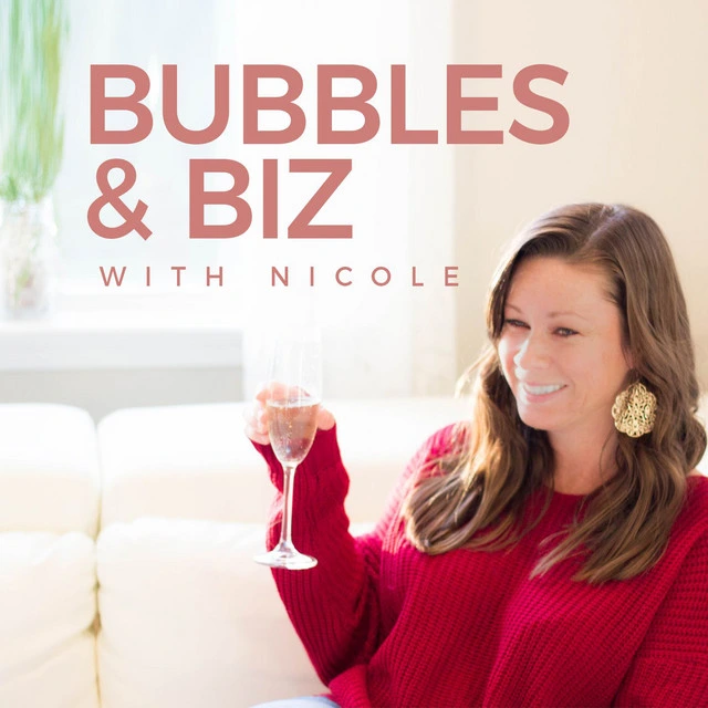 "Bubbles & Biz with Nicole" — a smiling woman in a red sweater holds a champagne flute while seated on a white sofa near a bright window and greenery.
