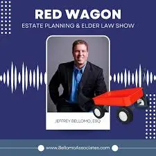 Podcast cover for the "Red Wagon Estate Planning & Elder Law Show" — a framed portrait of Jeffrey Bellomo sits beside a red toy wagon on a blue background with waveform graphics.
