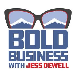 Logo for "Bold Business with Jess Dewell" — black sunglasses with red trim frame a mountain reflection, with the title in blue and red text on a white background.