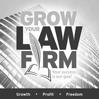 "Grow Your Law Firm" — stylized text with a quill pen forming the "L" and an open book, overlaid on a blurred skyscraper background.