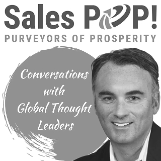 "Sales POP! Purveyors of Prosperity" — a smiling man beside a dark circular overlay reading "Conversations with Global Thought Leaders."