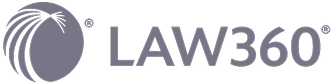 "Law360" logo — a dynamic circular emblem beside bold gray sans-serif text on a transparent background.