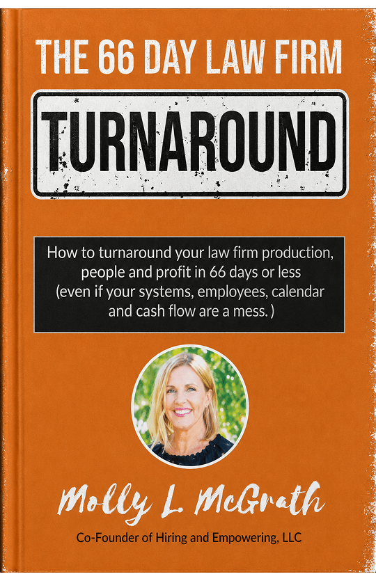 Book cover for "The 66 Day Law Firm Turnaround" by Molly L. McGrath — an orange background with the author's photo